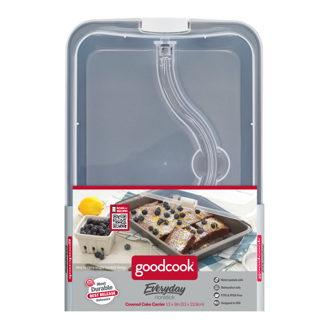 Goodcook 13 x 9 Premium Nonstick Steel Covered Cake Pan with Plastic Lid,  Gray/Clear